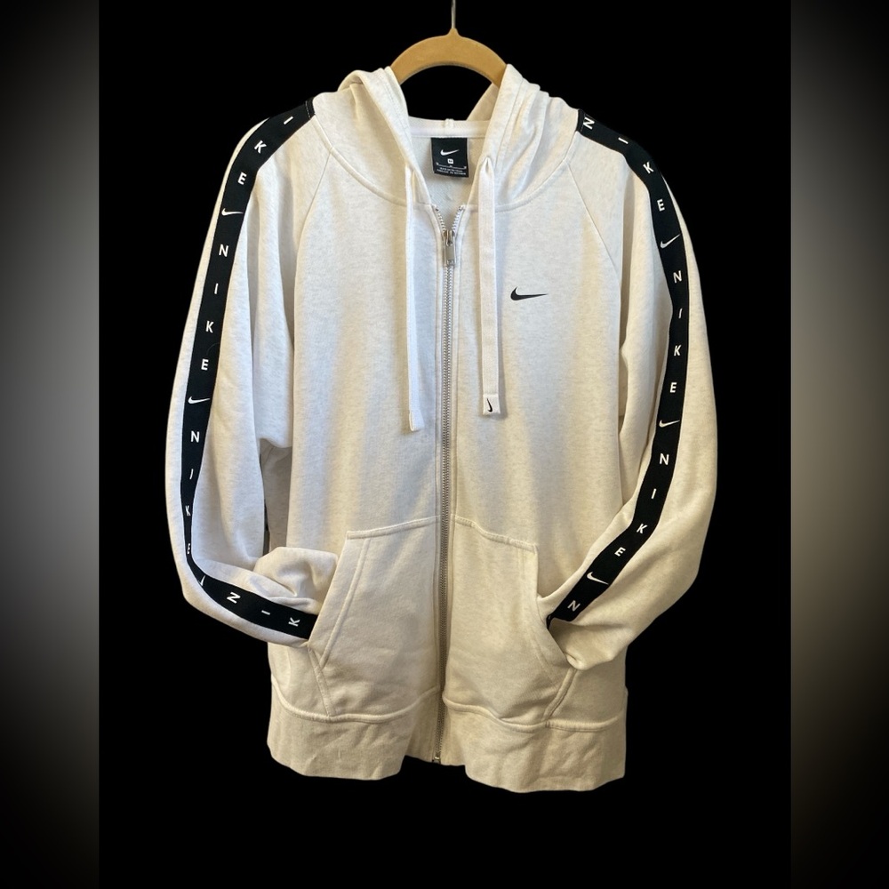 Nike Sweatshirt Women's White Full Zip Hoody  Logo-Tape Outerwear Size Medium